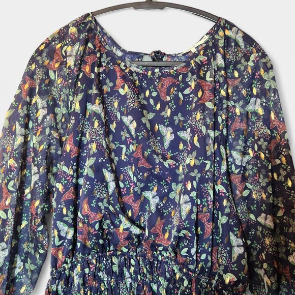 Tularosa Jaelyn Mini Dress Navy Butterfly Print Semi Sheer Flowy Boho Large NWT - Picture 7 of 16